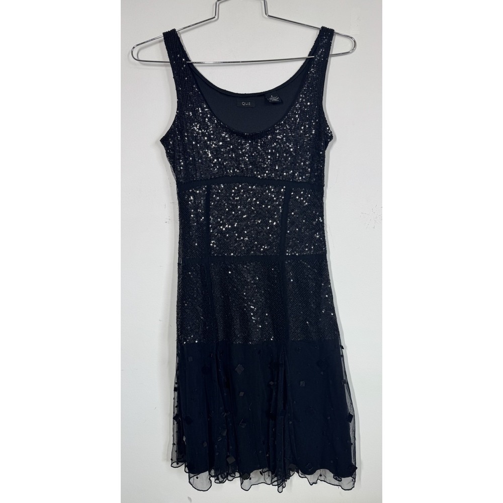 Q.U.E Sleeveless Black Drop Waist Sequin Cocktail Party Dress Sz 4 Sparkle Gala‎